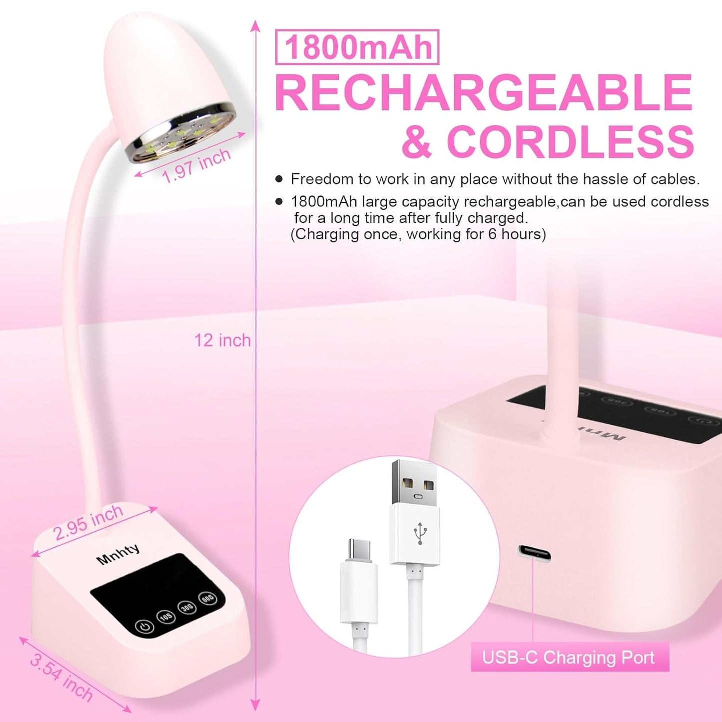 U V LED Nail Lamp, Goose Neck Flash Cure Lamp 27W Rechargeable Mini U V Light for Gel Nails, Cordless Flash Cure Light with 3 Timers&Sensor, Fast Curing Gooseneck Lamps for Gel X, Pink