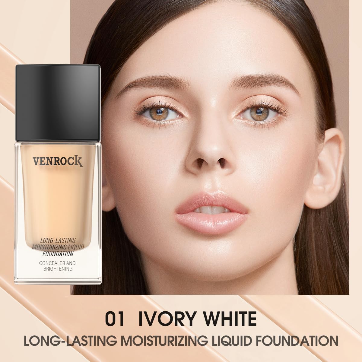 VENROCK 24HR Long-Lasting Moisturizing Liquid Foundation | Radiant, Waterproof, Concealing & Oil-Control (01# Ivory White, 30ml)