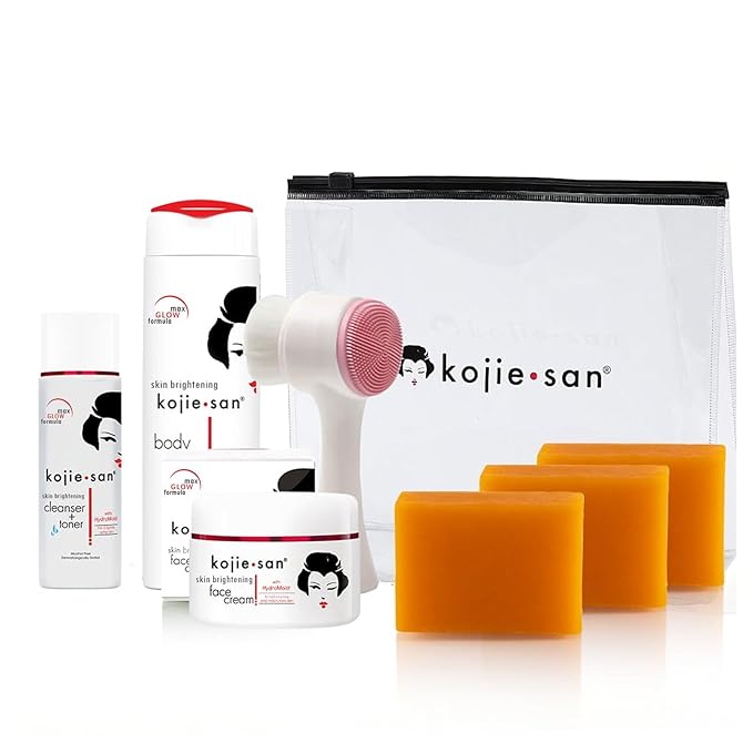 Kojie San Face & Body Complete Brightening Set - 3 x 100g Bars Soap, Body Lotion, Face Cream, Toner, and Face Cleansing Brush - 7pcs