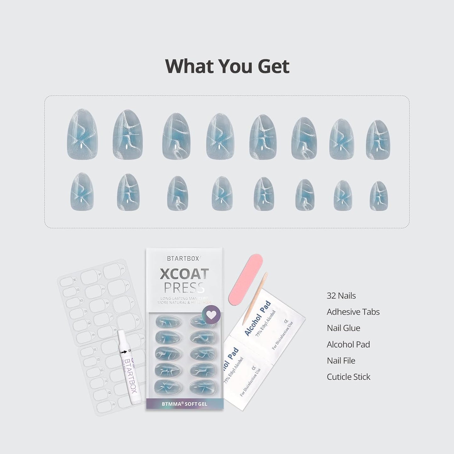 BTArtbox Press On Nails Short - Lamp-Curable Sparkly Blue Almond Press On Nails with Glue for Women, Semi-Transparent Soft Gel Glue On Nails in 16 Sizes - 32 Stick On Nails Kit, Blue Mirage