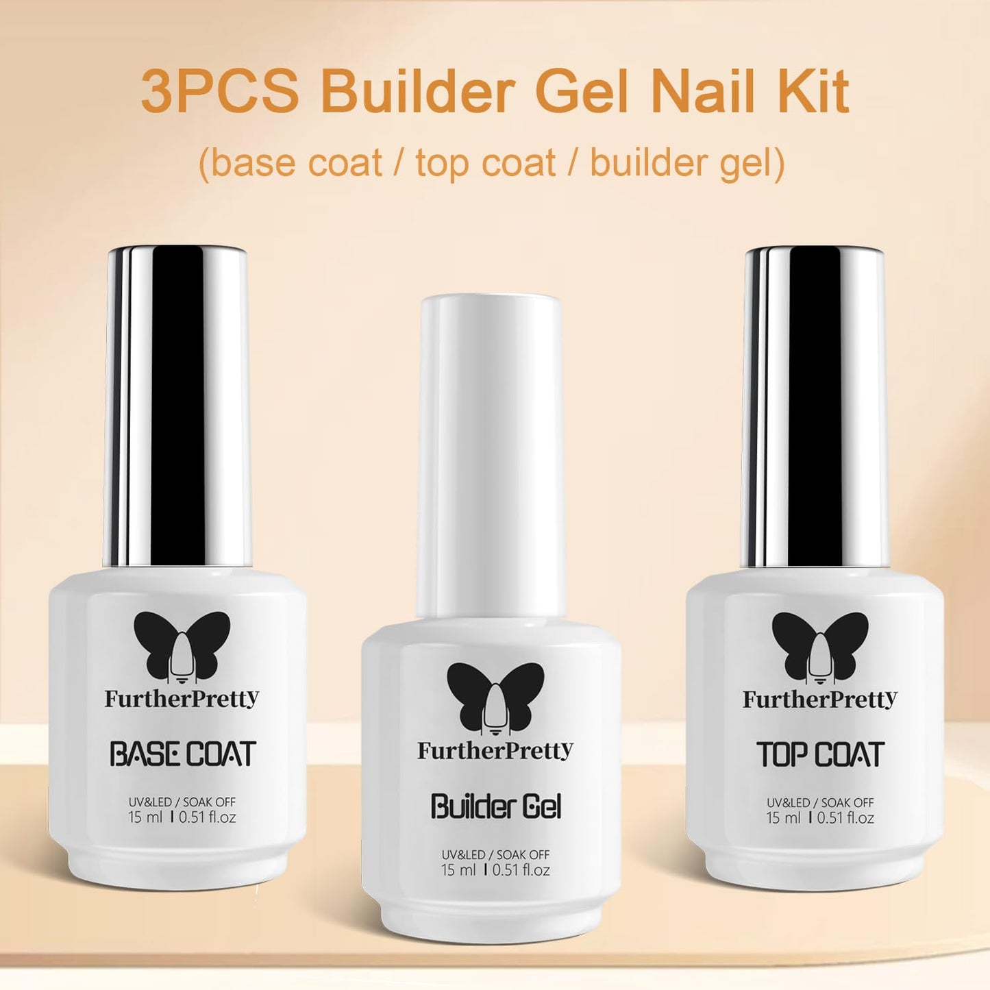 Builder Gel Nail Kit, 3PCS Set 15ml No Wipe Top Coat, Base Coat, and Nail Glue Gel for Nail Extension, UV LED Soak Off Gel Nail Polish Kit for Home Manicure and Professional Salon Use