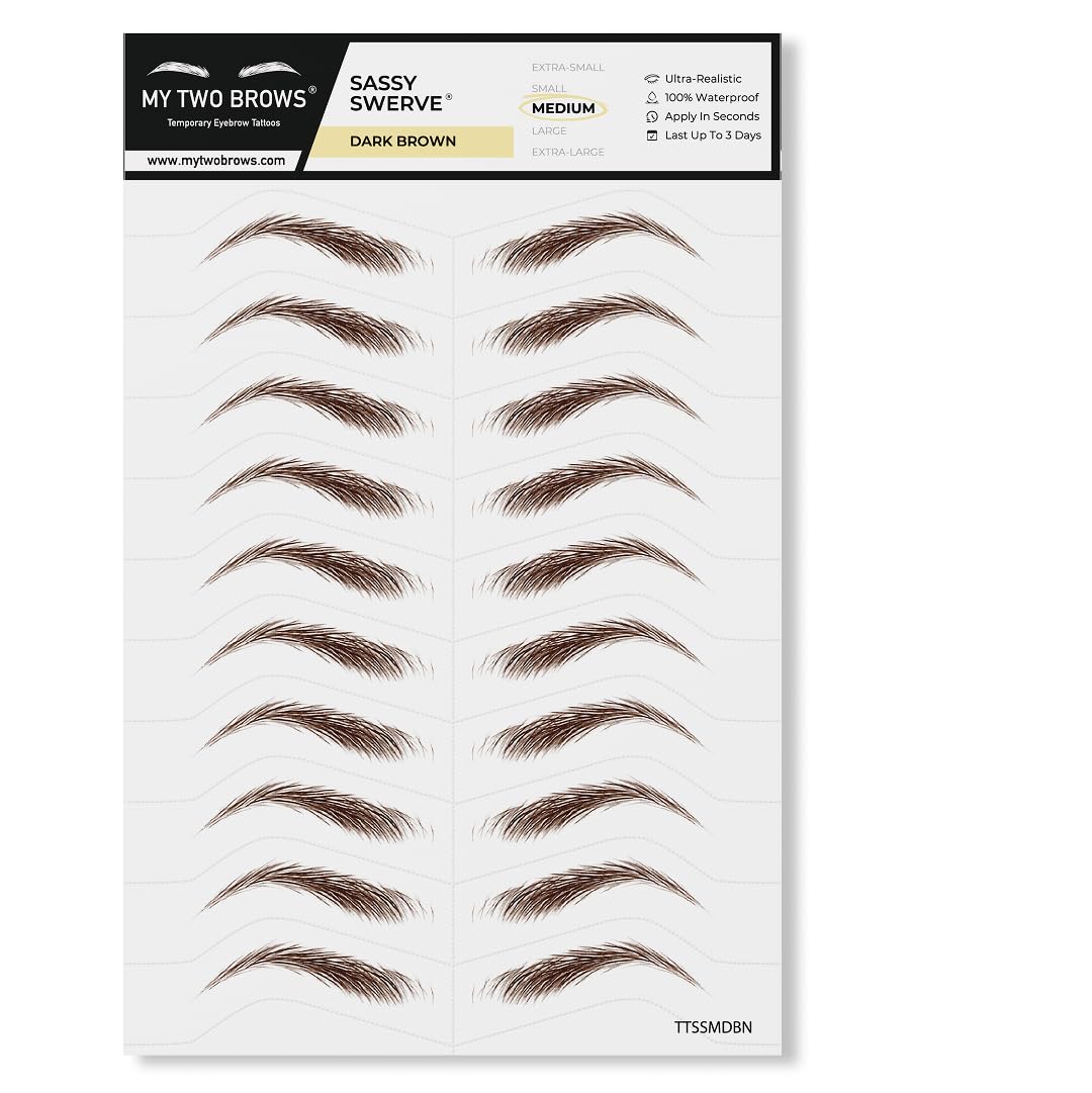 10 Pairs Dark Brown Temporary Eyebrow Tattoos, Waterproof and Smudge-Proof Medium Sassy Swerve Style Realistic Eyebrow Stickers for Women, Easy to Apply, Won't Work on Existing Brows