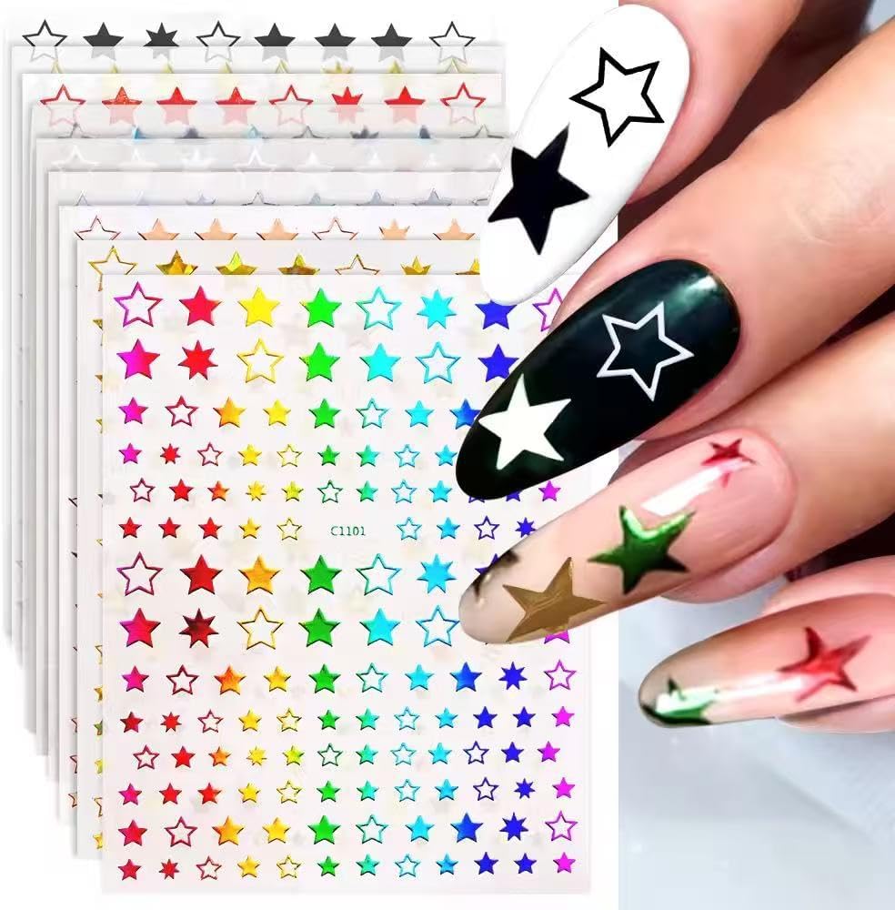 12 Sheets Stars Nails Stickers 3D Self Adhesive Nail Decals Stars Nail Design Shiny Starlight DIY Transfer Decal Colorful Star Nail Tip Sticker Pentagram Glitter Manicure Decoration