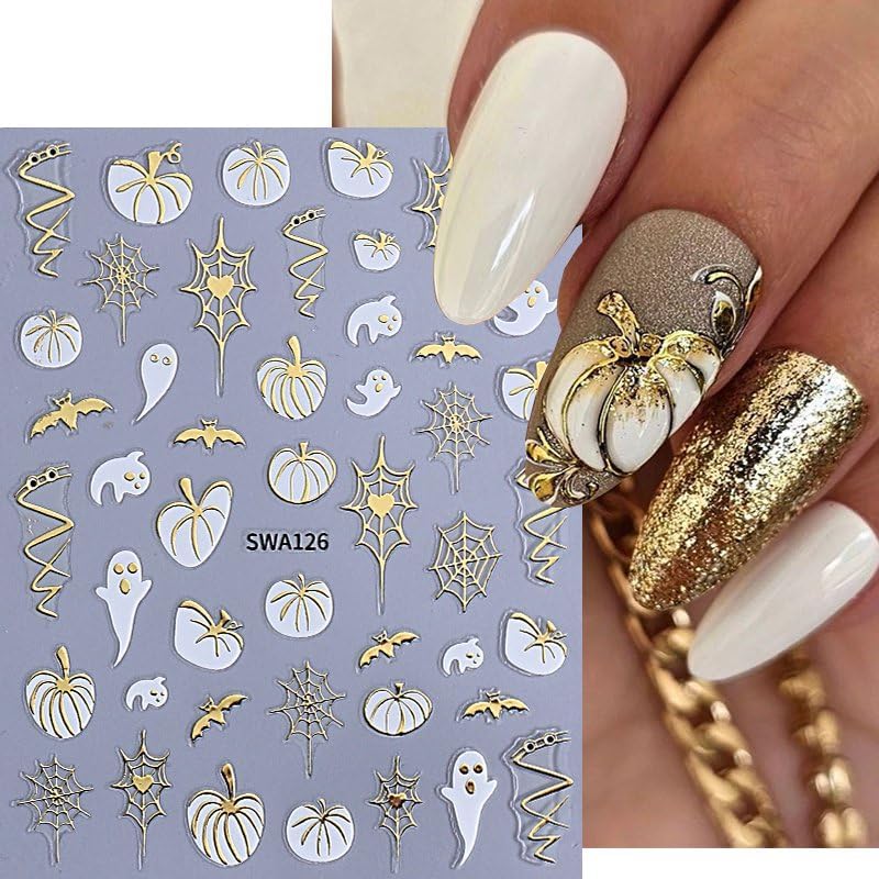 Halloween Nails Stickers Black Fall Leaves Nails Sticker 3D Embossed Silver Gold Pumpkins Self Adhesive Sticker Nail Decals Gold Nail Art Decals Halloween Decals for Nail DIY Manicure 4Sheet