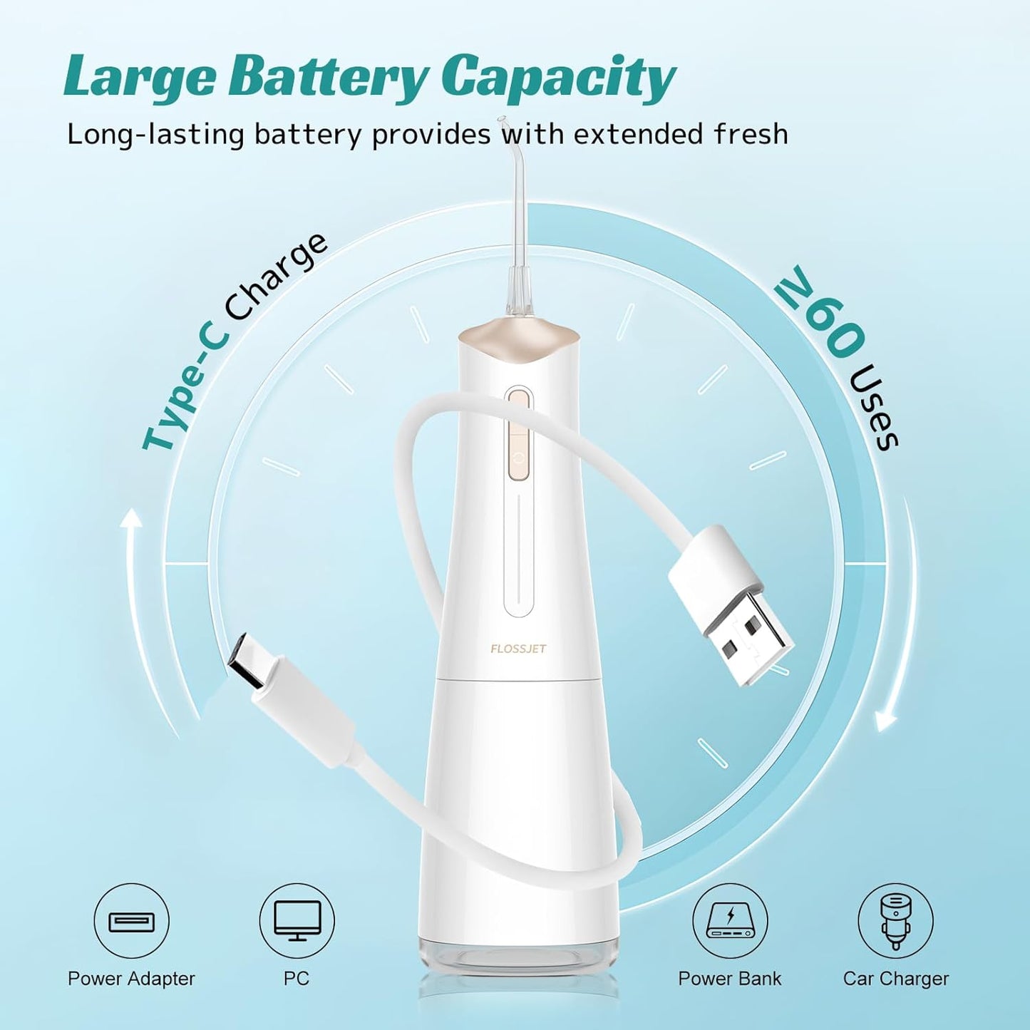 Water Dental Flosser Cordless Oral Irrigator with 300ml 5 Tips 4 Modes USBCharger Portable Travle Irrigation Cleaner IPX7 Electric Irrigador Dental for Teeth Cleaning (White)