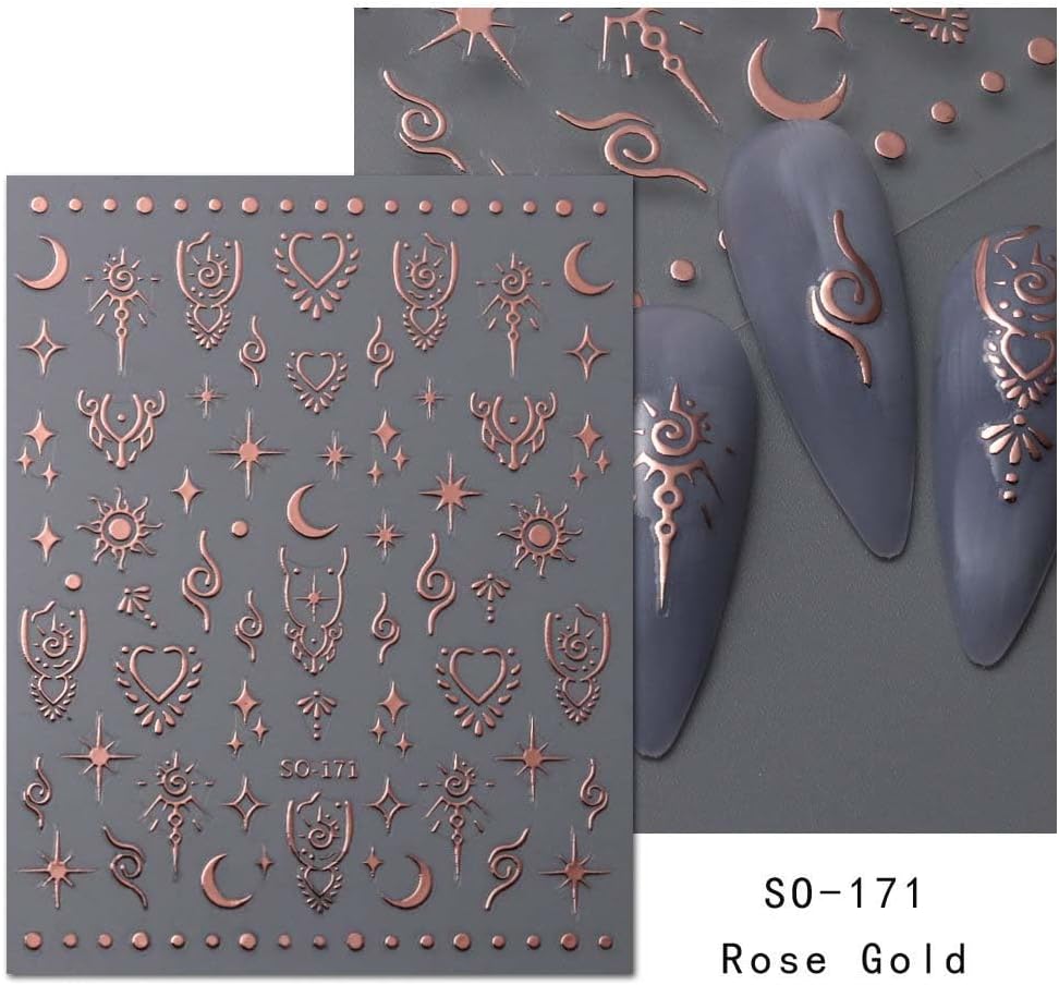 12 Sheets Metallic Nail Art Stickers - Sun Star, Moon Rose & More - 3D Self-Adhesive, Shiny Laser Gold & Silver - Holographic, Glitter for Women's Nail Manicure Decorations