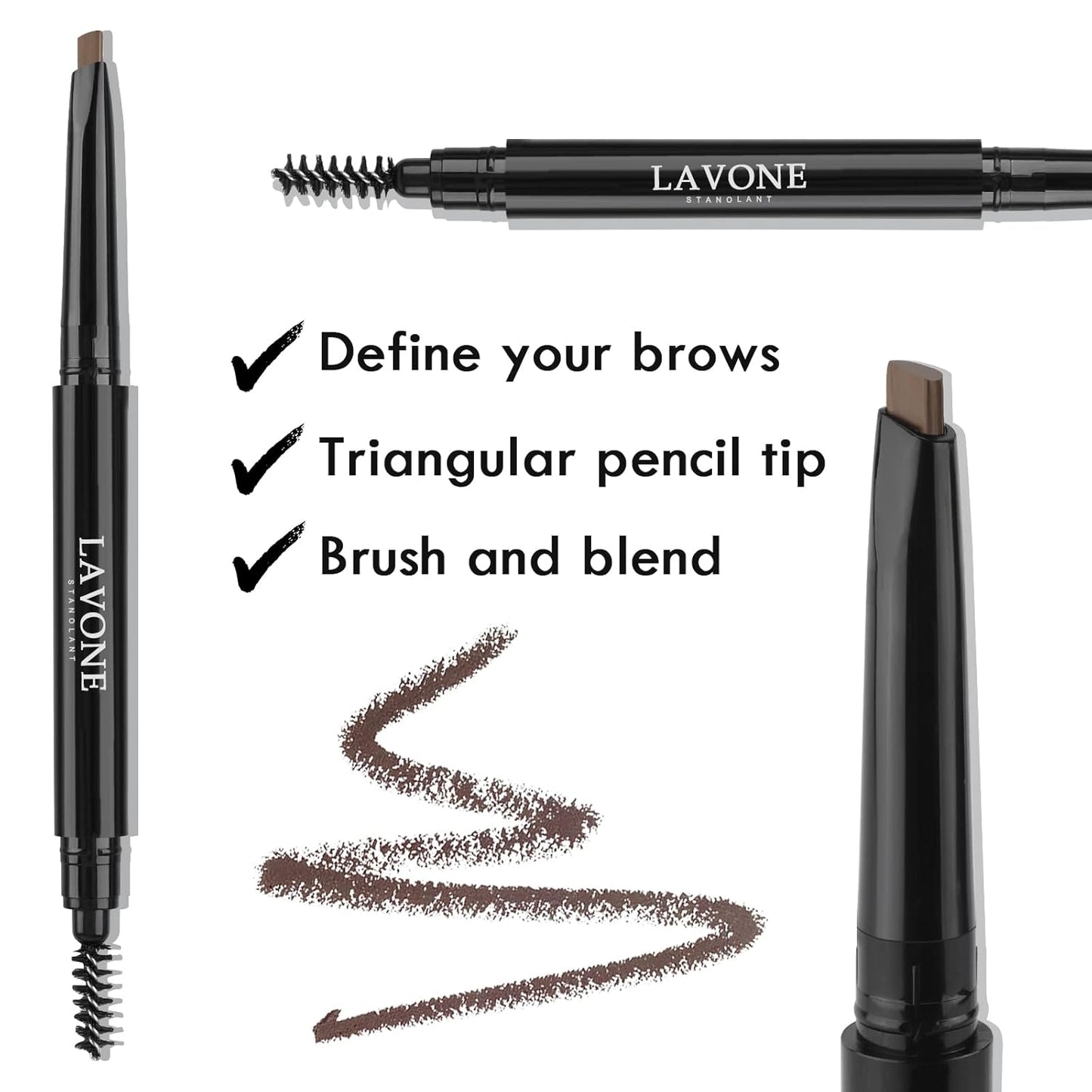 LAVONE Eyebrow Stamp Stencil Kit for Eyebrows, Brow Stamp Trio Kit with Waterproof Eyebrow Pencil, Eyebrow Pomade, 20 Eyebrow Stencils, Dual-ended Eyebrow Brush and Sponge Applicator - Medium Brown