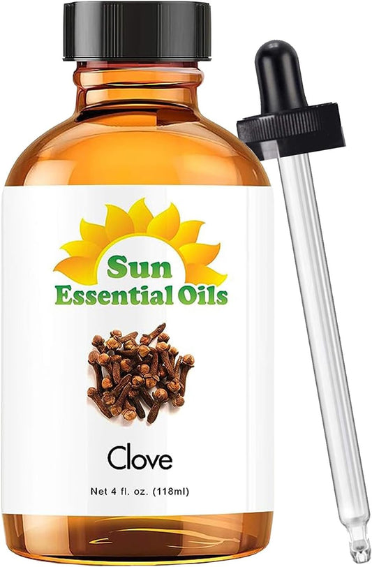 Sun Essential Oils – 4 oz Clove Essential Oil with Dropper for Diffuser, Skin, Aromatherapy Massage, Humidifier, Spicy Scent for Candle, Lotion & Soap Making, Room Fragrance