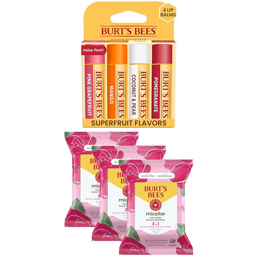 Burt's Bees Bundle - Superfruit Lip Balm, Grapefruit, Mango, Coconut & Pear, Pomegranate 4 Tubes, 0.15 oz + Rose Water Face Wipes, Micellar Makeup Remover & Facial Cleansing Towelettes, 30 Ct (3-Pack)