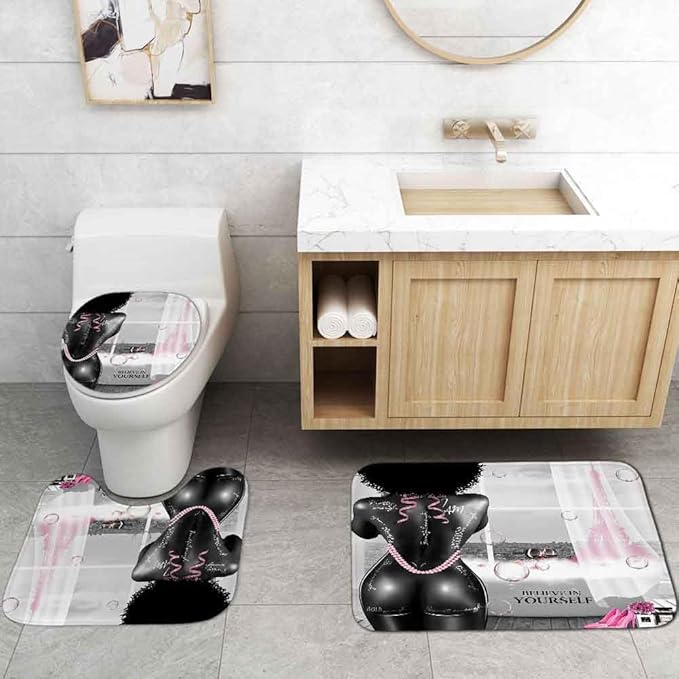 4PCS African American Black Girl Shower Curtain Set, Pink Eiffel Tower Sexy Black Woman Afro Girl Black and White Fashion Glam Modern Bathroom Decor, Non-Slip Bath Mat, Inspirational Gifts for Women