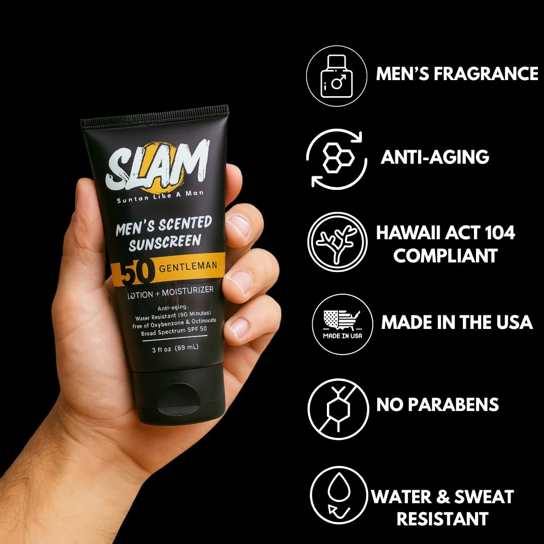 SLAM Men's Sunscreen Lotion SPF 50 & Moisturizer – Face & Body Sunblock, Anti-Aging, Water-Resistant, Hawaii Act 104 Safe, Skincare for Men, Scented & Unscented – 3 fl oz. each- Trio pack.