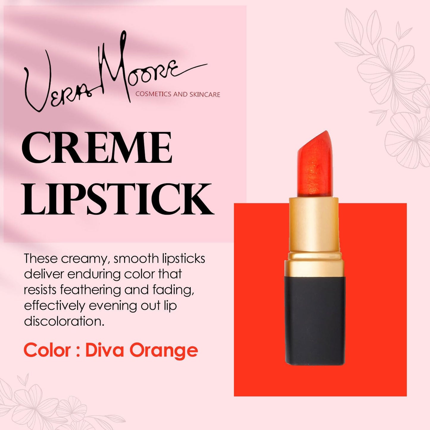 Vera Moore Cosmetics Soft Creme Lipstick - with Maximum Hydration & Moisture, Long Lasting Light Weight Opaque Color & Staying Power - Won't Feather or Fade - Fragrance & Paraben Free (Diva Orange)