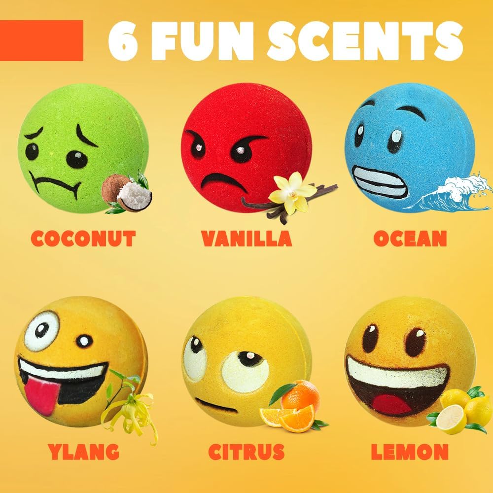 Large Emotion Face Bath Bombs Set of 6 – Fun Emoji-Inspired Spa Fizzies – Handmade with Shea Butter, Cocoa Butter & Essential Oils – Moisturizing Gift Set for Women, Men & Kids