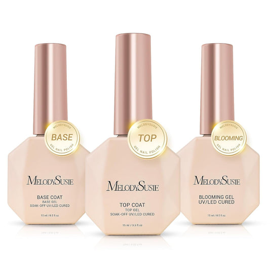 MelodySusie Top Coat Blooming Gel Base Coat No Wipe Glossy Set Long Lasting Shine Finish Soak Off UV LED Nail Lamp Nail Art Design Manicure Kit Perfect Gifts for Women Girls 3 Pcs 15ml Clear