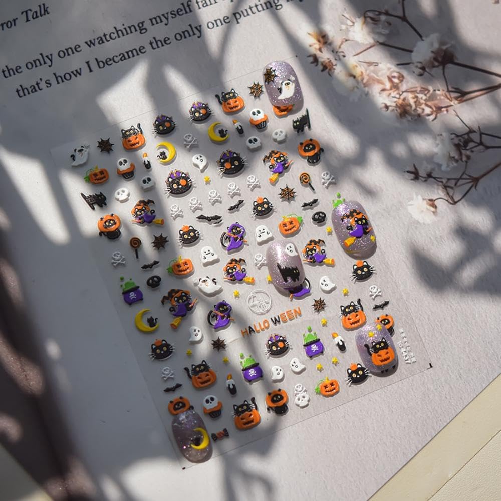 Halloween Nail Stickers Ghost Pumpkin Nail Art Decals Cat Nail Art Stickers with Design 5D Embossed Self Adhesive Cute Nails Charms Supply for Women Girls Kid Manicure Decoration