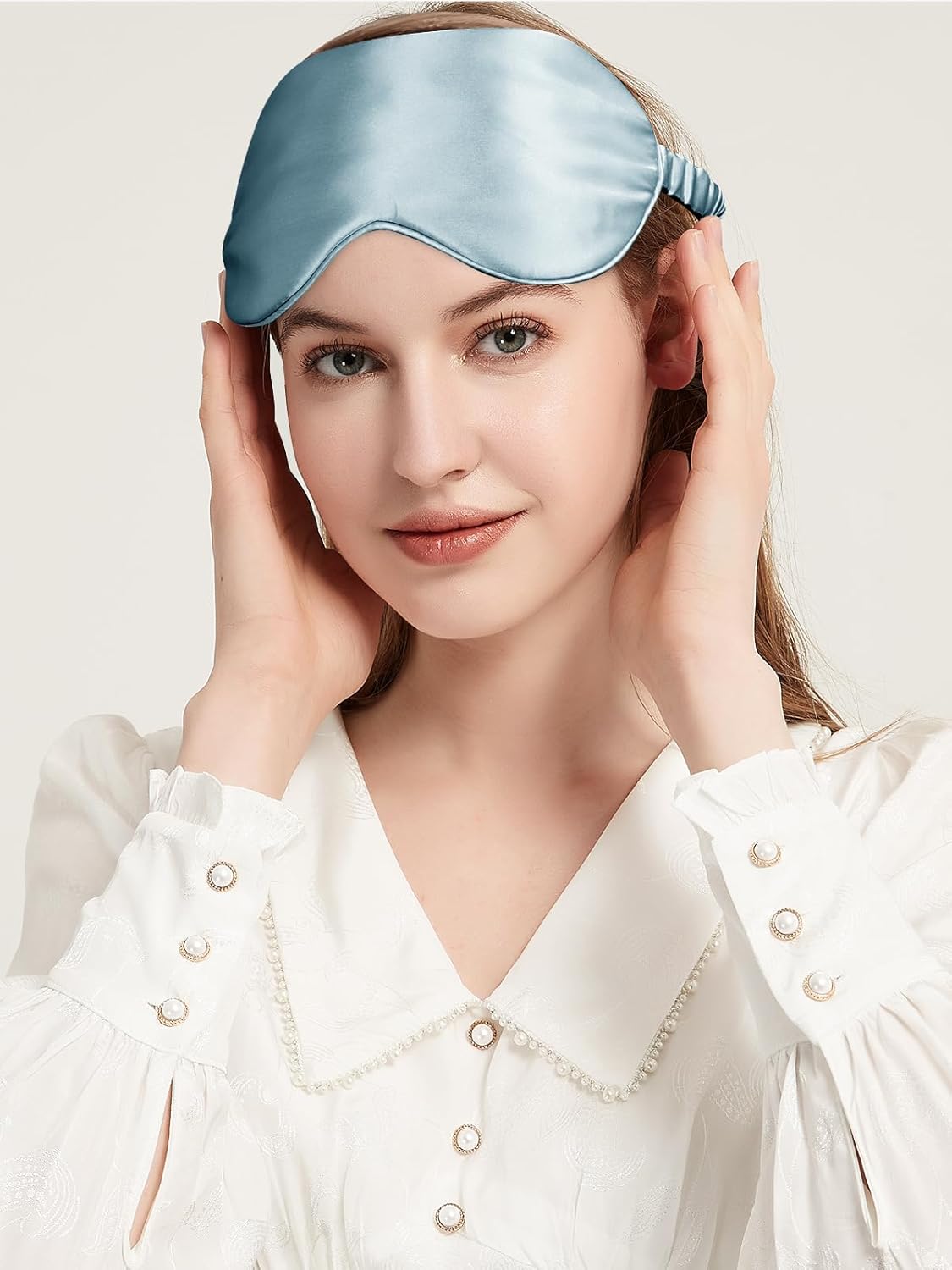 Mulberry Silk Blackout Adjustable Sleep Eye Mask for Men/Women Travel Plane,Pale Blue