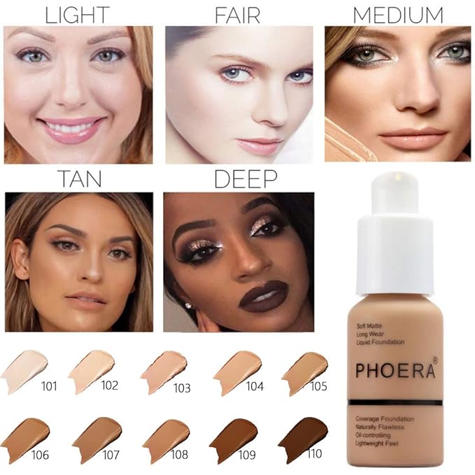 PHOERA Foundation Makeup Naturally Liquid Foundation Full Coverage Mattle Oil-Control Concealer 8 Colors Optional,Great Choice For Gift (#106 Warm Sun,30ml)