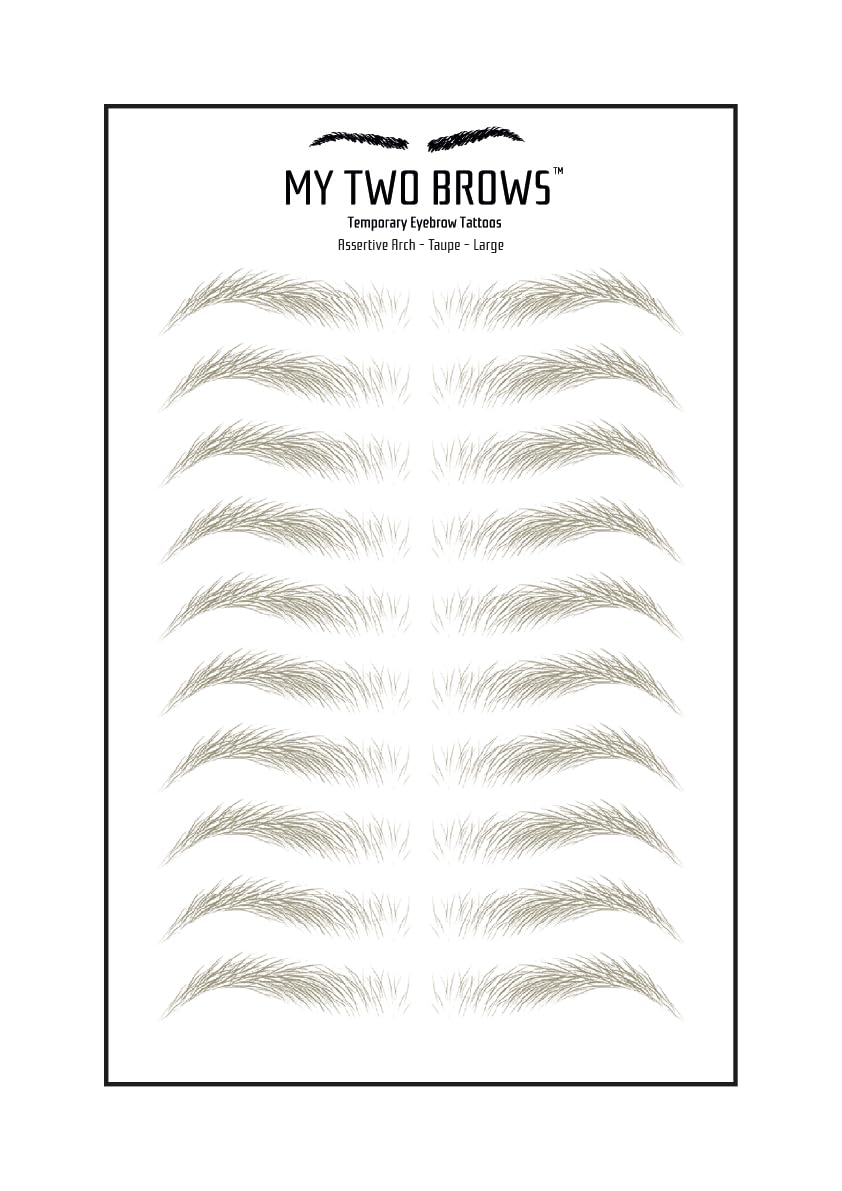 (10 pairs) Taupe Temporary Eyebrow Tattoo - Large Size - Waterproof & Smudgeproof - Assertive Arch Style Eyebrow Stickers - Sheet Lasts up to 30 Days - Won't Work on Existing Brows