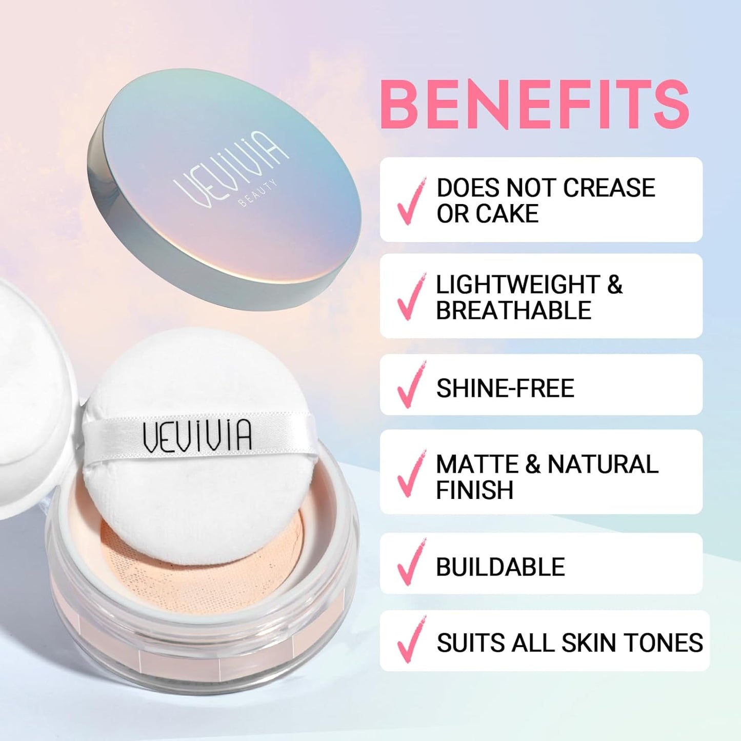 Vevivia Setting Powder - Creaseless Face Powder, Long Lasting Loose Powder Makeup with Blurring and Brightening Finish, Loose Setting Powder for All Skin Types, Shine Control, Up to 24 Wear, Pink