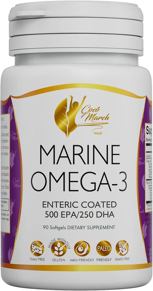 Cocó March N.M.D Marine Omega-3 - HIGH Potency 500 mg EPA / 250 mg DHA Enteric Coated, No Fishy Aftertaste, Gluten Free, Dairy Free, Paleo Friendly, Keto Friendly, GMO Free - 3 Months Supply