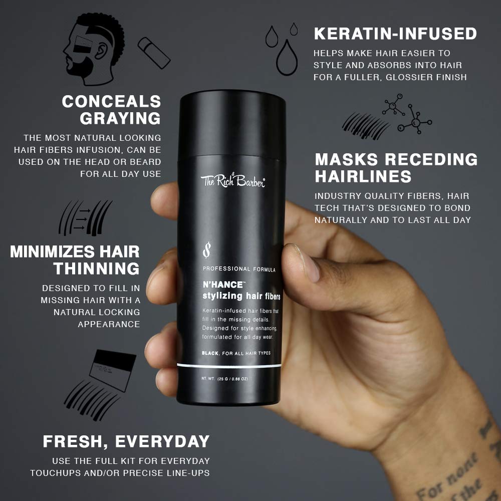 The Rich Barber N’Hance Hair Building Fibers, 3 Month Supply - Barber Hair Thickening Fibers, 25 grams - Grey Hair Concealer Spray - Sharper Hairlines, Thicker Beard & Fuller Hairstyling (Dark Brown)