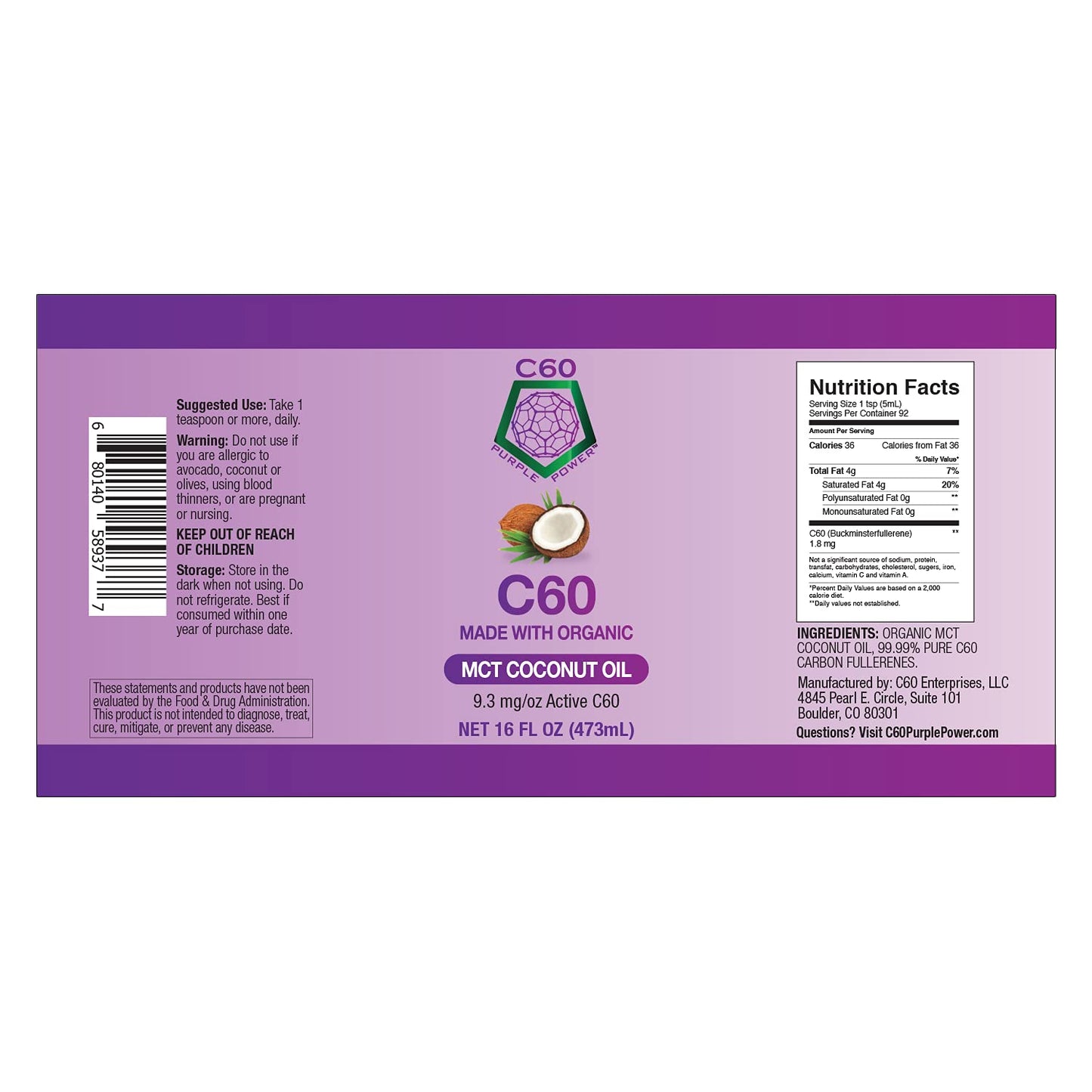 C60 Purple Power Organic MCT Coconut Oil, Organic Cold-Pressed Coconut Oil, 99.99% Pure C60 Carbon Fullerenes (16 oz)