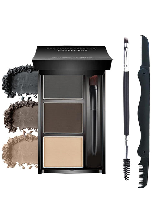Eyebrow Powder Makeup Kit, 3 in 1 Eyebrow Kit, Brow Powder Palette Waterproof Long-Lasting, Grey Brown Beige Brow Filler, Fill & Sculpt Full Eyebrow Kit for Women, With Mirror, Brush & Razor Set 03