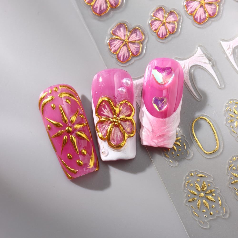 Stickers para Uñas Nail Stickers Self-Adhesive Sticker Gold Pink 3D Flower Embossed Calcomanías para Uñas Colorful Floral Art Design Accessories Hight Quality 3 Sheets