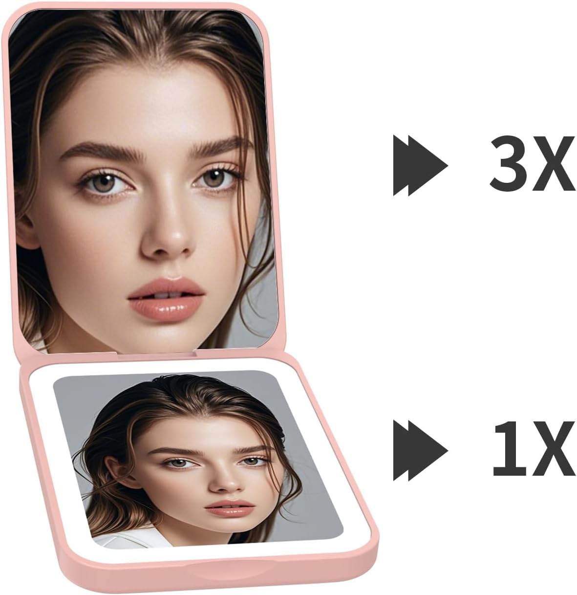 Kintion 2025 Pocket Mirror, Rechargeable Dimmable 3 Color Lighting 1X/3X LED Compact Travel Makeup Mirror for Purse, Portable, Folding, Handheld, Small Lighted Mirror for Women Gift, Pink