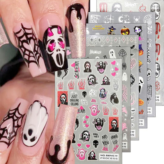 Halloween Nail Stickers Decals 3D Horror Spooky Devil Ghost 3D Self-Adhesive Nail Designs Gothic Ghost Pumpkin Skull Skeleton Halloween Nail Decals for Women Girls DIY Manicure Horror Nail Decoration