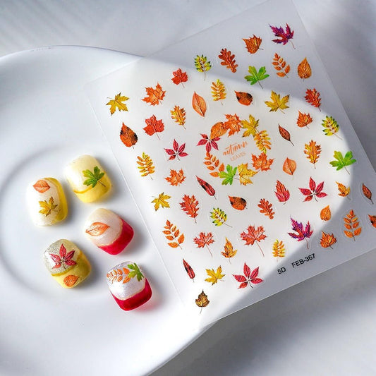 Fall Nails Stickers Maple Leaves Nails Sticker 5D Embossed Autumn Leaf Self Adhesive Sticker Nail Decals Orange Red Yellow Thanksgiving Nail Art Decal Halloween Decals for Nail DIY Manicure 1Sheet