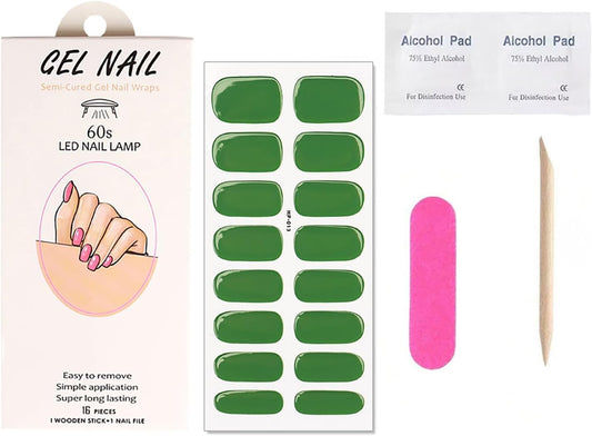 Green Semi Cured Gel Nail Strips Stickers 16Pcs Waterproof Self Adhesive Solid Color Gel Nail Wraps Stickers for Women DIY Manicure Salon Quality Nails Decoration Accessories 1 Sheets