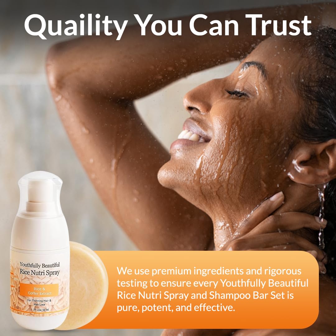 Youthfully Beautiful Rice Nutri Spray and Shampoo Bar Set Rice and Coffee Extract for Thinning Hair and Loss Hair Growth Support Natural Solid Cleanser Scalp Treatment Thickening Nourishing Care