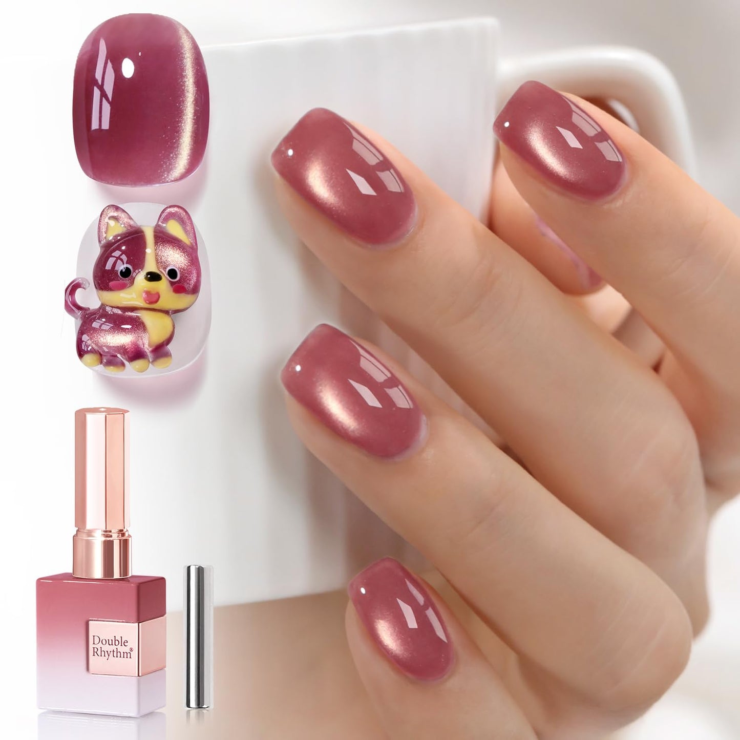 Double Rhythm 0.5 Oz Cat Eye Gel Polish with Magnet Same Color Same Bottle Holographic Glitter Shimmer Translucent Color Salon 15 ML Magnetic Nail Art (Grape Red-MC1270)