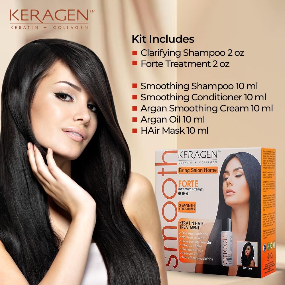 Keragen Brazilian Keratin Hair Smoothing Treatment - Express Home Blowout Kit - Straightens & Smooths Frizz - With 2 Oz Forte Treatment, Clarifying Shampoo & Aftercare Samples