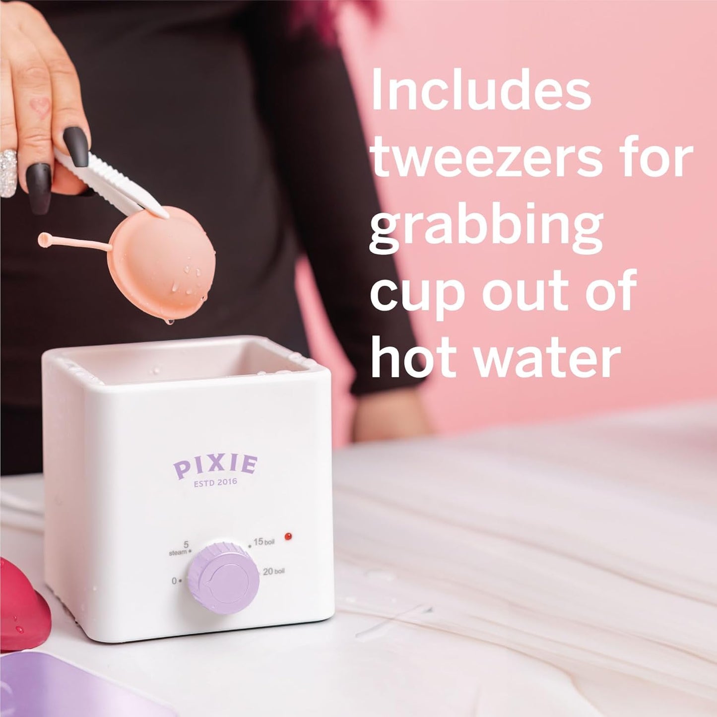 Pixie Menstrual Cup & Disc Boiler Sterilizer - Easily Submerge & Clean Your Period Cup in Boiling Water! Kills 99.9% of Germs with Cleaner Boiling Solution - The Most Soothing Way to Wash Your Cup