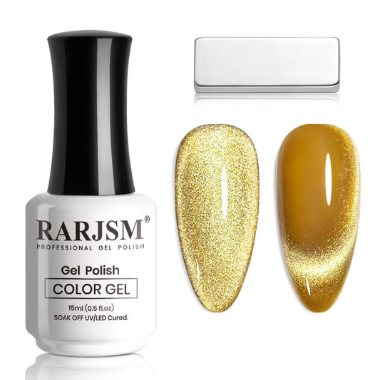 RARJSM Cat Eye Gel Nail Polish with Magnet Stick Diamond Brown Gold Velvet Cateye Glitter Gel Polish 15ml Single Bottle Sparkle Shimmer UV LED Curing Requires Soak Off Home Salon Christmas Manicure