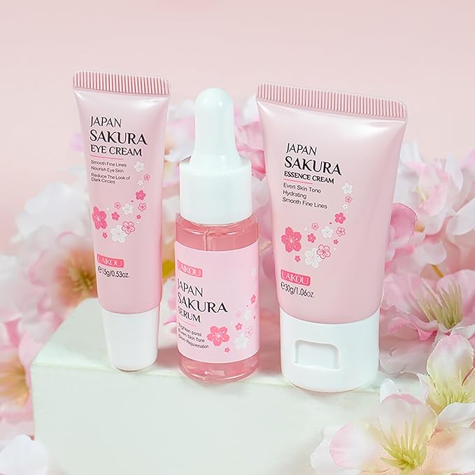 Skin Care Set JAPAN SAKURA Women Beauty Gift Sets Skin Care Kit with Serum, Eye Cream, Face Cream Travel Kit for Women Wife Mom Teen Girls TSA-friendly Sizes Birthday Gift 3pcs
