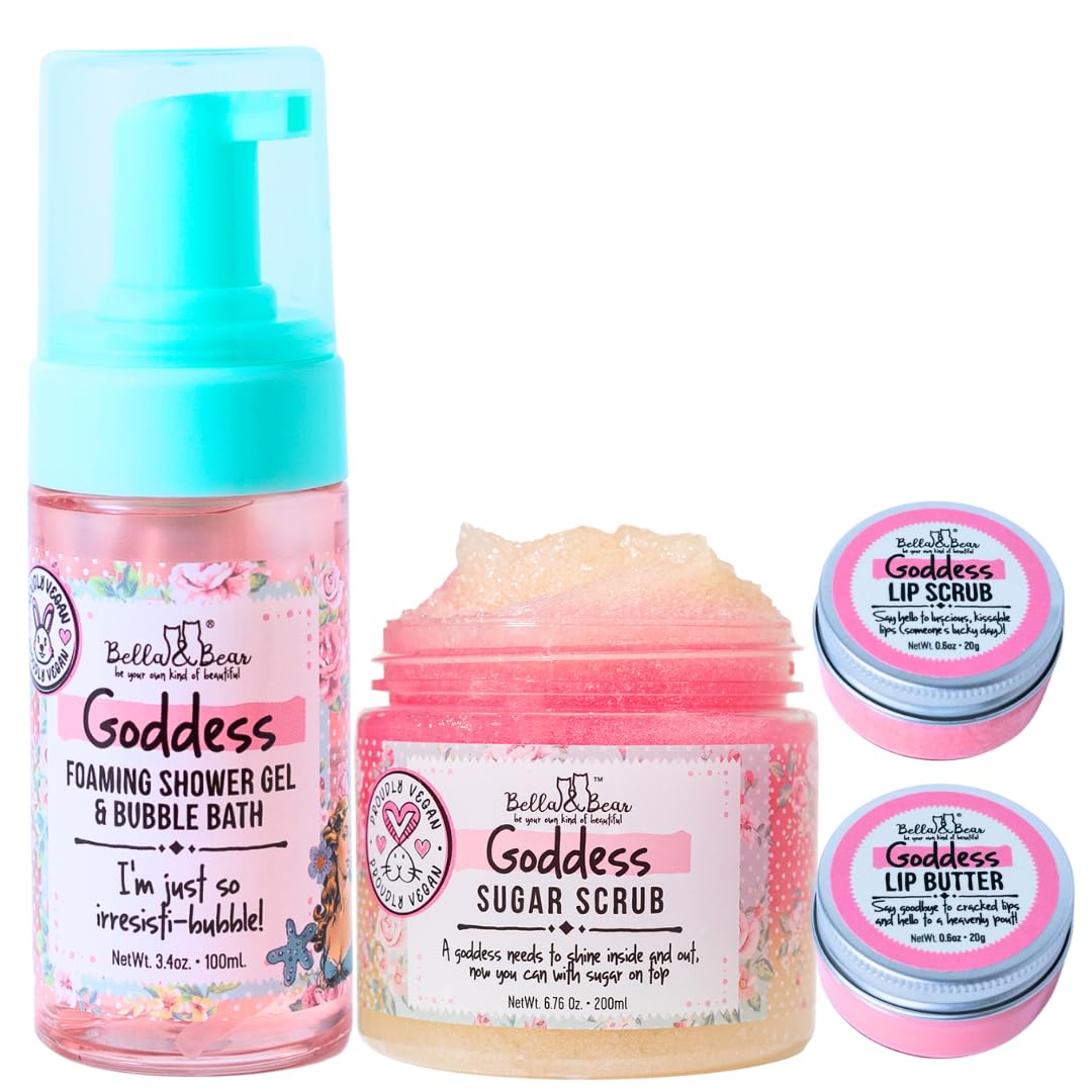Bella & Bear Goddess MIdi Bath & Body Gift Set with Foaming Shower Gel & Bubble Bath, Body Scrub & Lip Scrub and Lip Butter - Gift - Women
