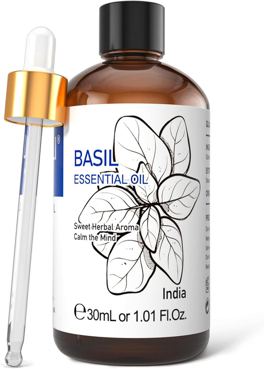 HIQILI 1 Fl Oz Basil Essential Oil, 100% Pure Undiluted for Skin, Diffuser - 30ml