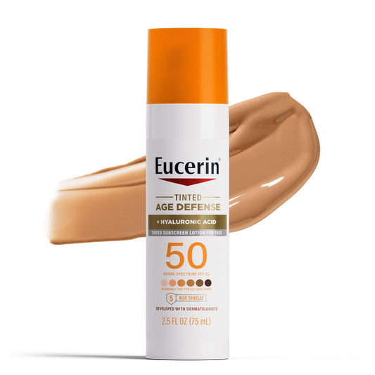 Eucerin Sun Tinted Age Defense Face Sunscreen Lotion SPF 50 with Hyaluronic Acid, Tinted Sunscreen for Face, Blendable Tint for All Skin Tones, Non Comedogenic and Hypoallergenic, 2.5 Fl Oz Bottle