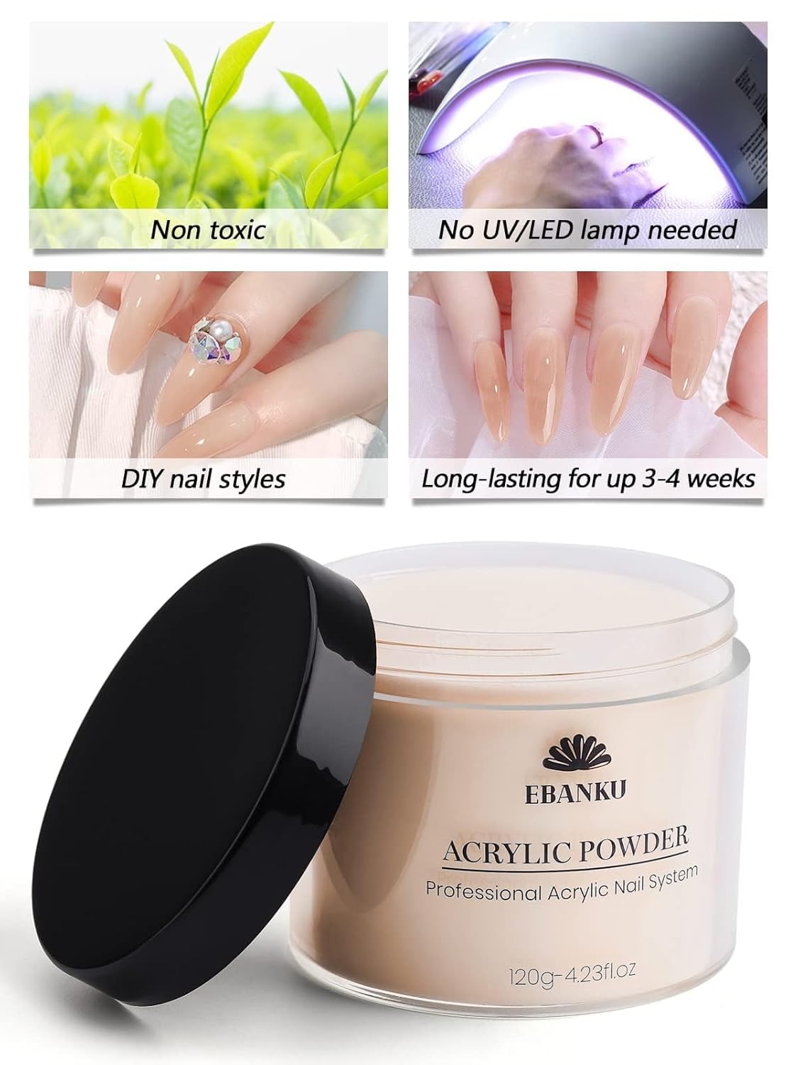 EBANKU Nude Acrylic Powder, 120g/4.23oz Acrylic Powder Large Capacity Professional Acrylic Nail Powder for Nail Acrylic Extension, Nail Carving, Long-Lasting, No Nail Lamp Needed