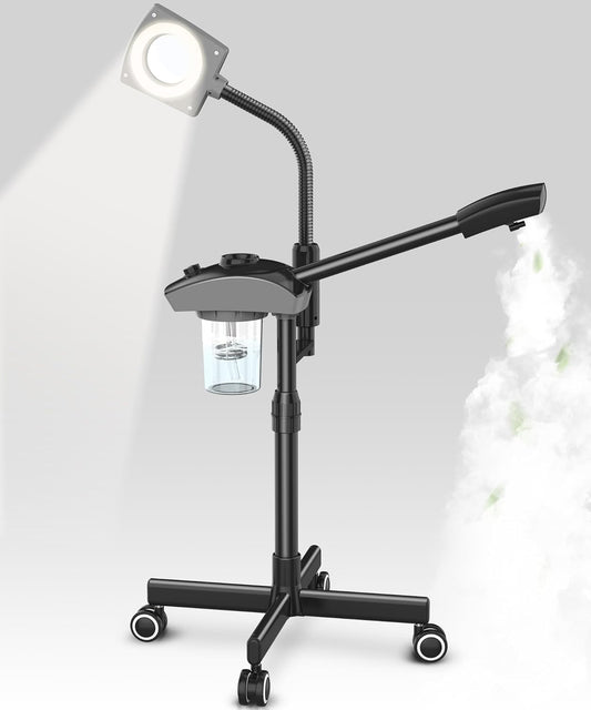 TASALON Professional Ionic Facial Steamer, 2-in-1 Face Steamer for Facial with 5X Magnifying Foldable Arm, Mist Face Steamer Salon Spa Beauty Skin Care Equipment, Aroma Therapy Nozzle Included- Blcak