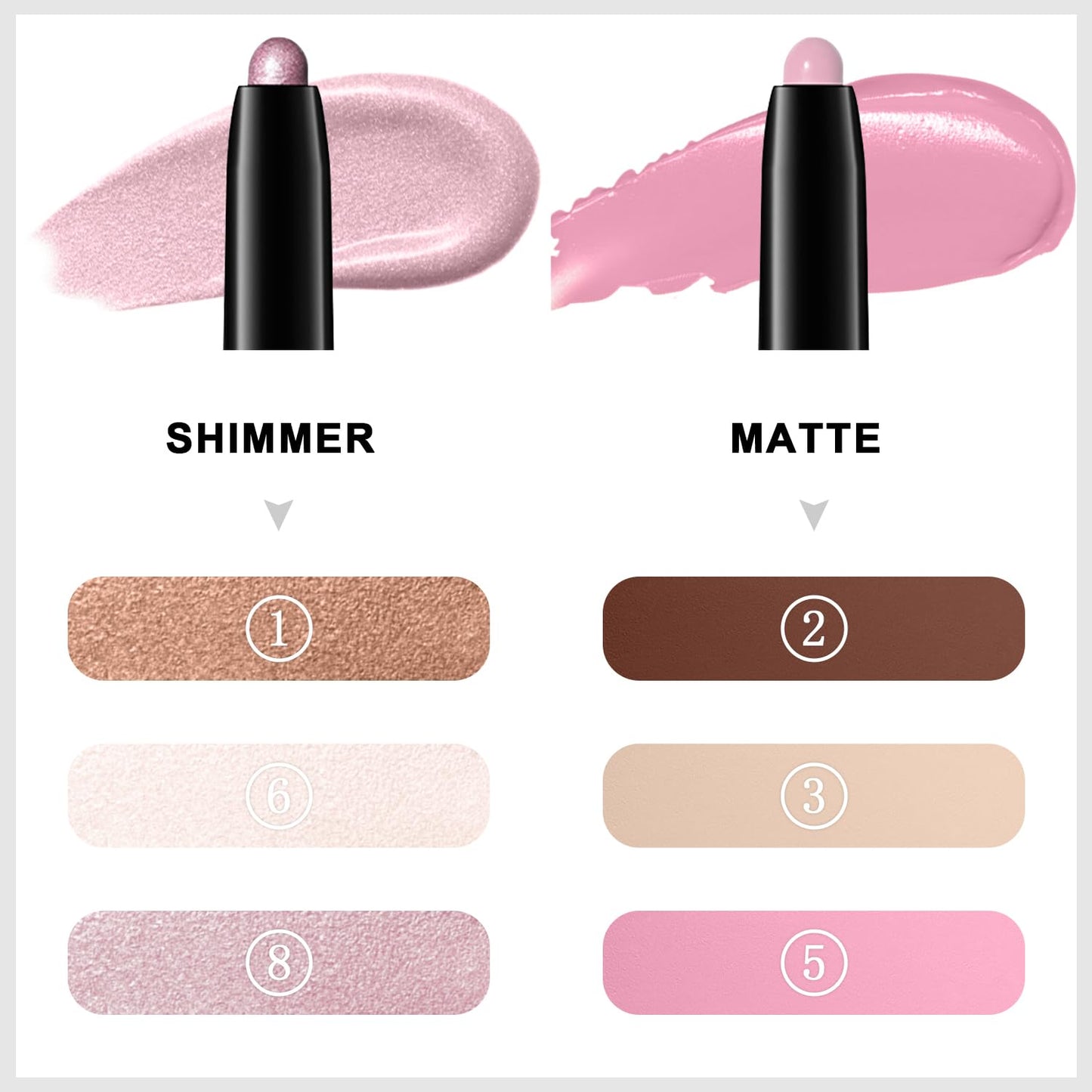 3PCS Eyeshadow Stick, Shimmer and Matte Cream Eye Shadow Brightener Sticks Eyeliner Pencil Crayon, Waterproof Long Lasting Eye Highlighter Stick Makeup (01+06+08)