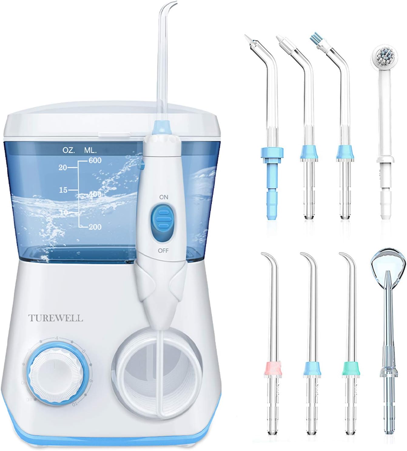 TUREWELL Water Flossing Oral Irrigator, 600ML Dental Cleaner 10 Adjustable Pressure, Electric Oral Flosser for Teeth/Braces, 8 Replacement Jet Tips for Family (White)