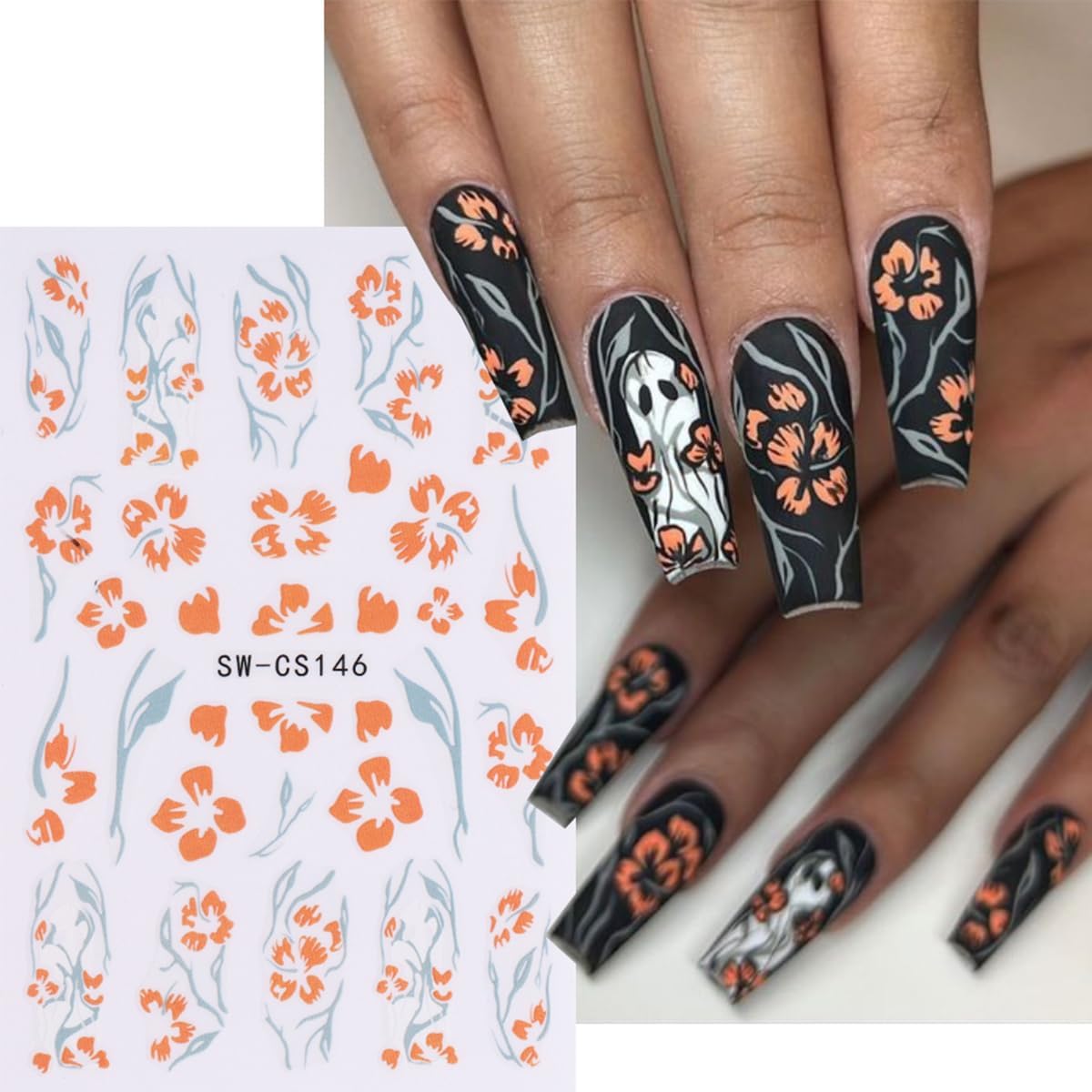 Halloween Nail Decals - 10 Sheets Self-Adhesive Nail Design Stickers with Pumpkin, Spider Web, Bleeding Nail Art, Spooky Ghost, Flowers, Boo Bat for Women DIY Halloween Nail Decor