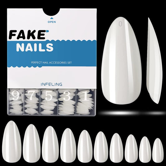 Almond Nail Tips Short - INFELING 500Pcs Full Cover Nail Tips, Acrylic False Fake Nails with Box for Nail Salons and DIY Nail Art, 10 Size, Natural