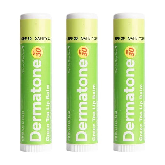 Dermatone Green Tea Lip Balm SPF 30 | Moisturizing | Medicated | Aloe & Vitamin E | Soothes Chapped & Cracked Lips | 3-pack (Green Tea, 0.15oz)
