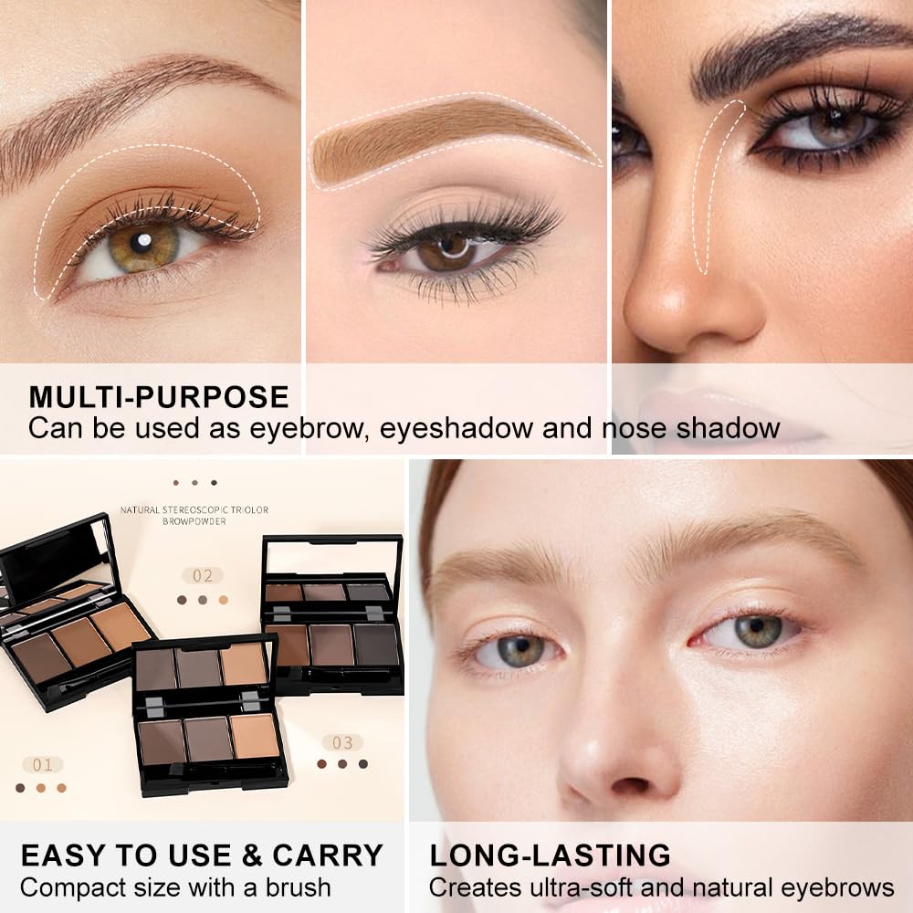 Eyebrow Powder Dark Brown Medium Brown Kit,Eye Brow Powder for Women with Brow Brush,Long-Lasting Waterproof Three Colors Brow Filler Get Full Defined Natural Brows,Brown Eyebrow Powder Makeup