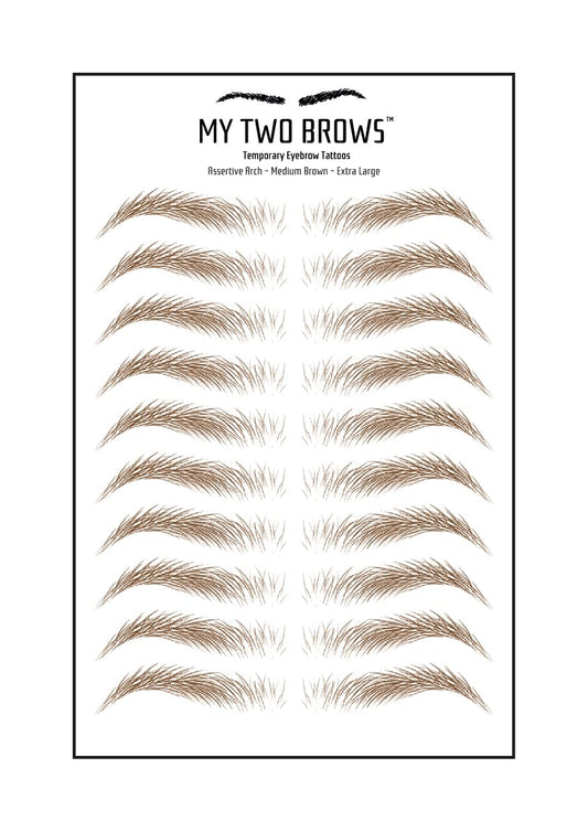 (10 pairs) Medium Brown Temporary Eyebrow Tattoo - Extra Large Size - Waterproof & Smudgeproof - Assertive Arch Style Eyebrow Stickers - Sheet Lasts up to 30 Days - Won't Work on Existing Brows